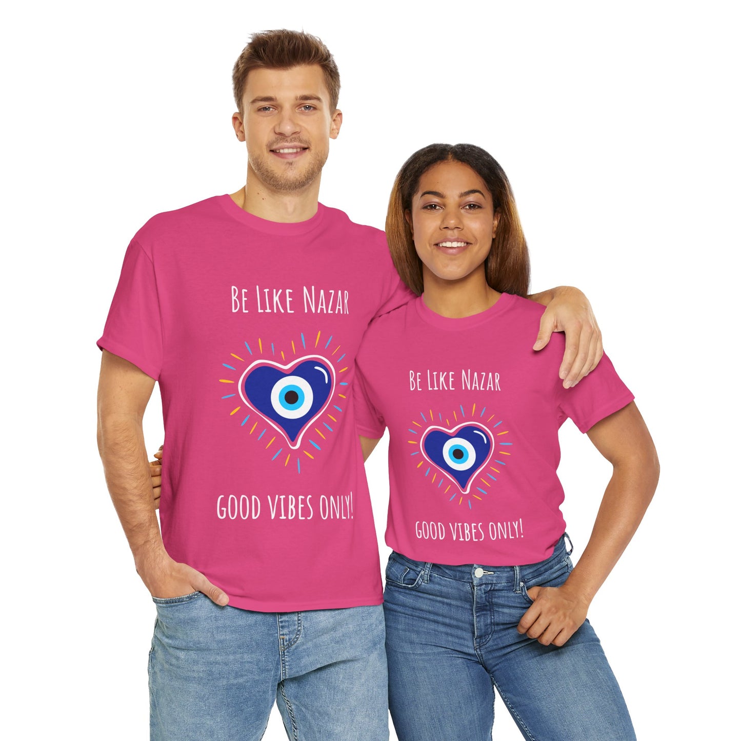 'Be Like Nazar Good Vibes Only' Eye Heart Unisex Heavy Cotton Tee | Cute Graphic Tee, Gift for Friends, Casual Wear