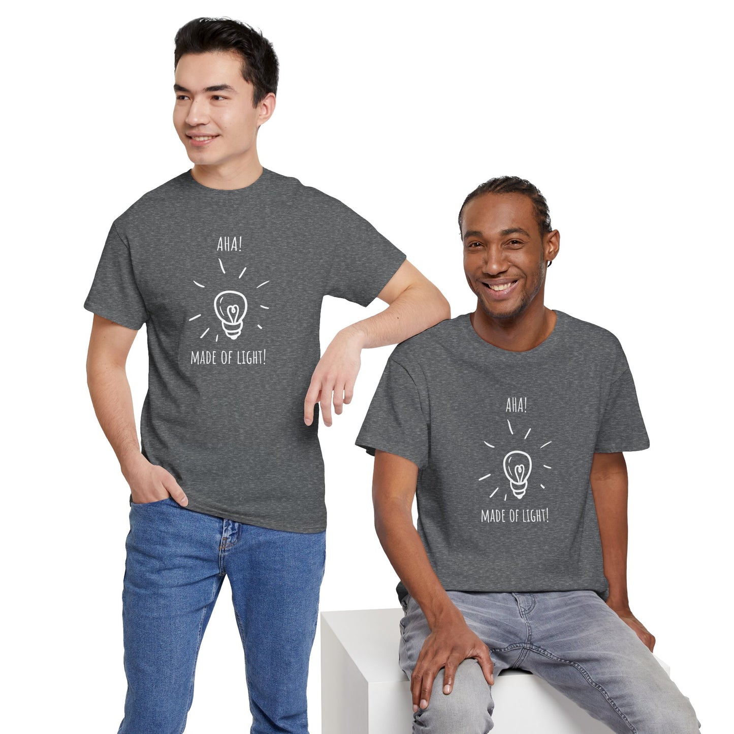 'Aha! Made of Light' Lightbulb Inspiration Tee - Unisex Heavy Cotton T-Shirt, Motivational Gift, Casual Wear, Light Design