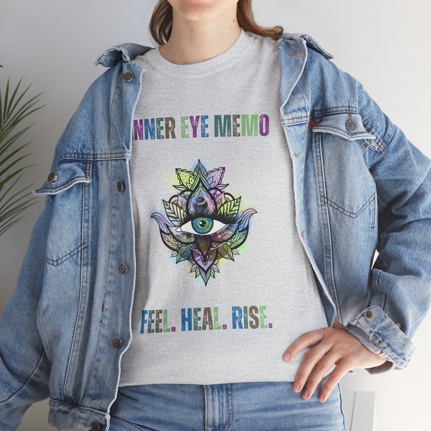 Inner Eye Memo Feel Heal Rise Unisex Heavy Cotton Tee, Spiritual Shirt, Boho T-Shirt for Yoga, Meditation Gift