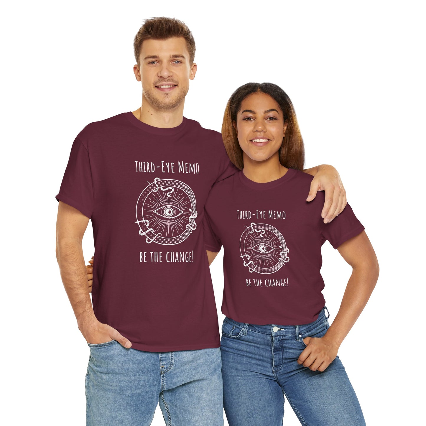 'Third Eye Memo - Be The Change!' Unisex Heavy Cotton Tee with Inspiring Design Spirit Tee for Positive Vibes, Gift for Dreamers, Meditation T-Shirt