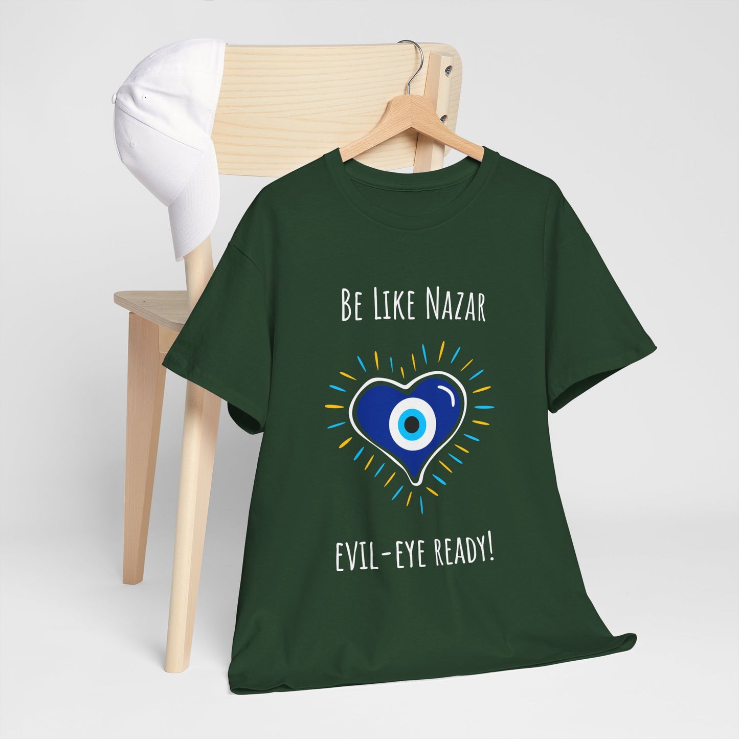 "Be Like Nazar Evil-Eye Ready!" Evil Eye T-Shirt for Good Vibes, Unisex Heavy Cotton Tee, Spiritual Gift, Summer Fashion, Protection Symbol Tee
