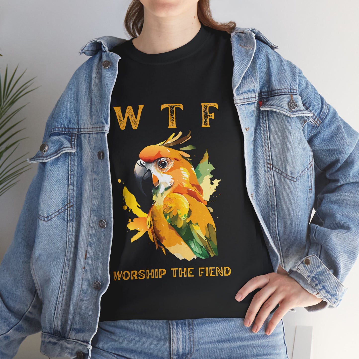 WTF Parrot Sun Conure Unisex Heavy Cotton Tee, Funny Graphic Shirt, Casual Wear, Gift for Animal Lovers, Unique T-Shirt
