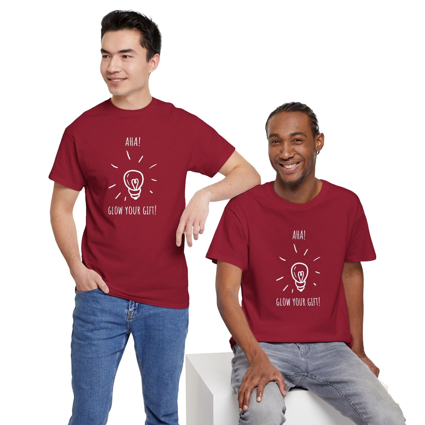 'Aha! Glow Your Gift!' Unisex Heavy Cotton Tee - Fun Graphic Shirt, Gift for Friends, Lightbulb Design, Custom Casual Wear