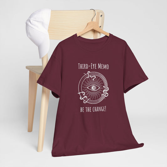 'Third Eye Memo - Be The Change!' Unisex Heavy Cotton Tee with Inspiring Design Spirit Tee for Positive Vibes, Gift for Dreamers, Meditation T-Shirt